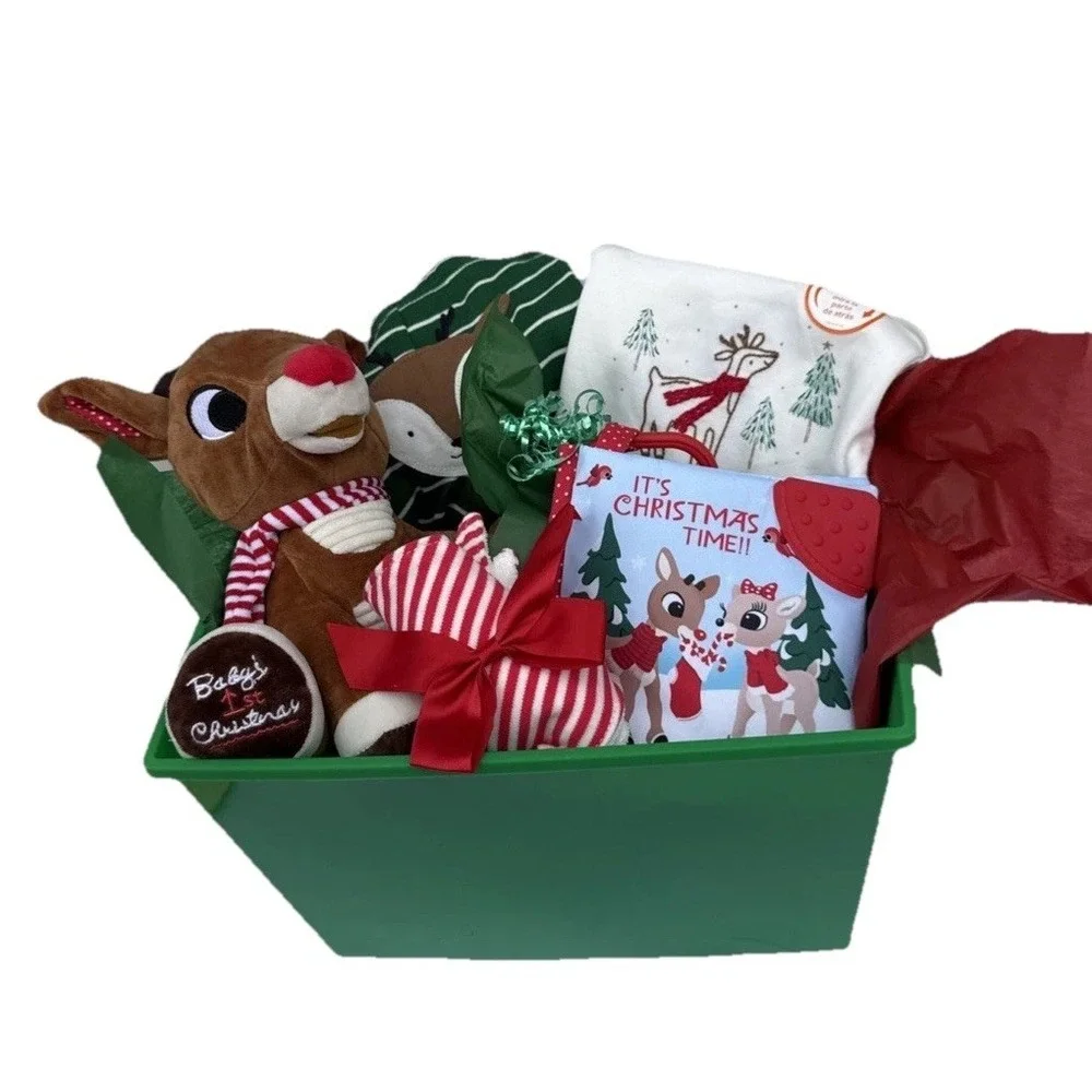 Christmas baby gift basket, Baby's 1st Christmas Rudolph Outfit Lovey‎ & Blanket